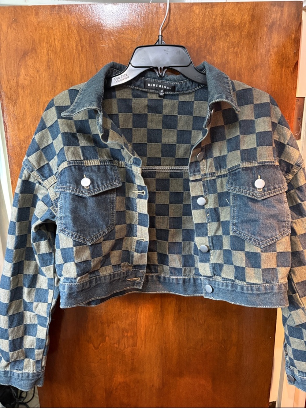 Blue Blush Cropped Checkered Denim Jacket - Blue/Tan